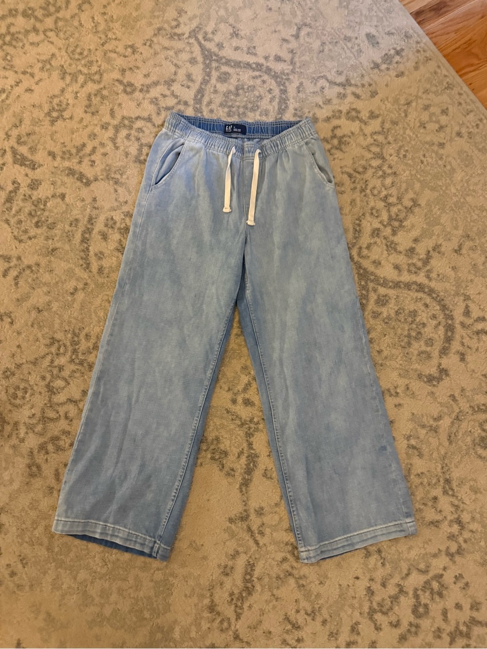Gap High Rise Pull On Wide Leg Jeans Light Wash Drawstring Waist Size M
